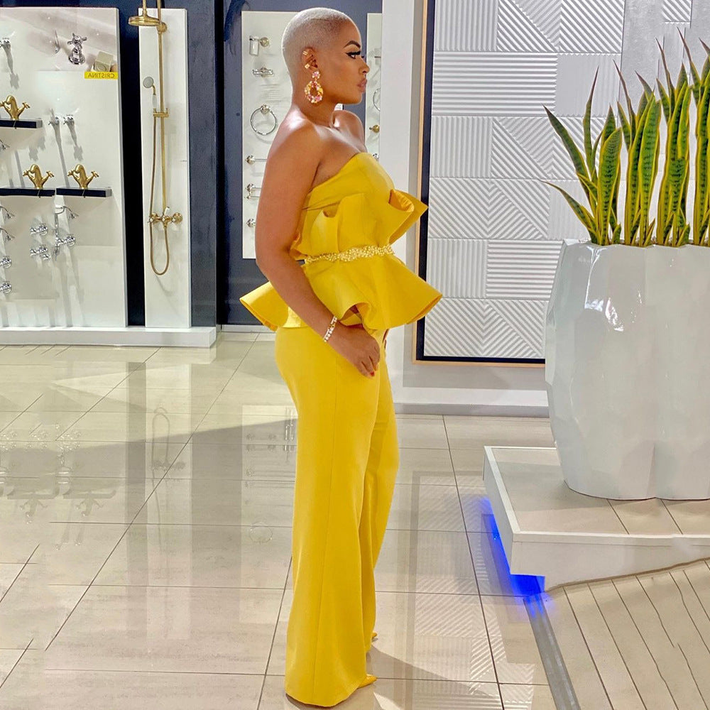 Women's jumpsuit with voluminous ruffle design and off-the-shoulder top WW