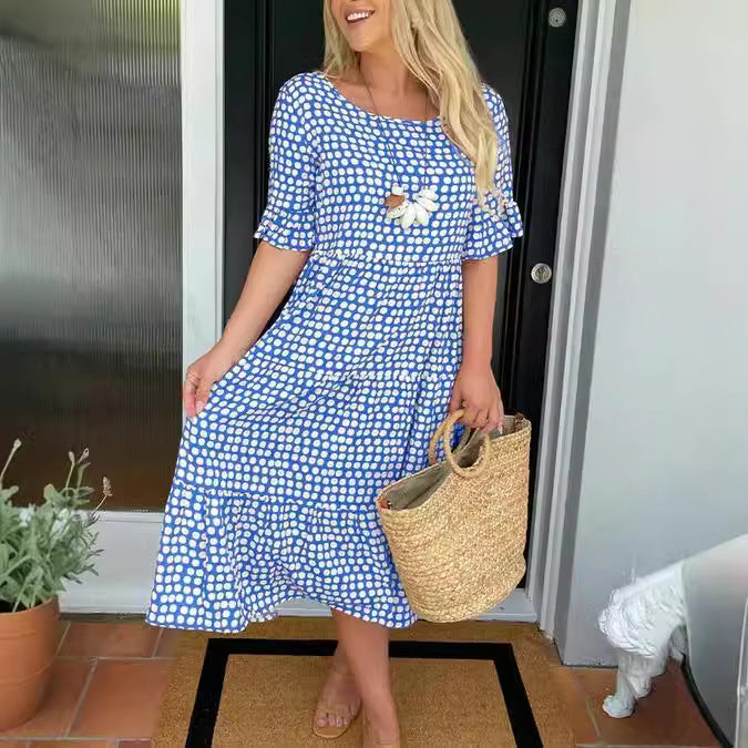 WW | Sommer Rundhals Bedrucktes Kurzarmkleid