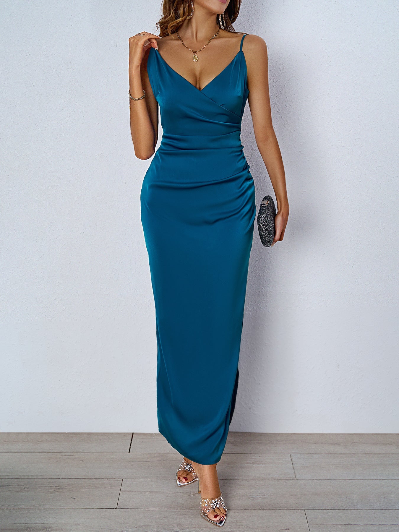Damen figurbetontes Abendkleid mit V-Ausschnitt und elegantem Drapierungsdesign WW