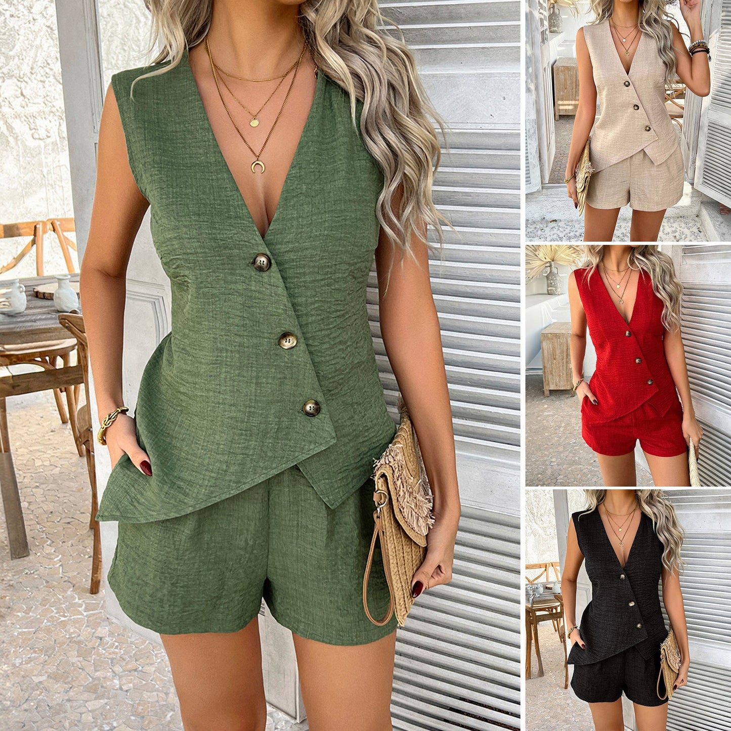 Damen elegantes Set aus ärmellosem Top und kurzen Shorts WW