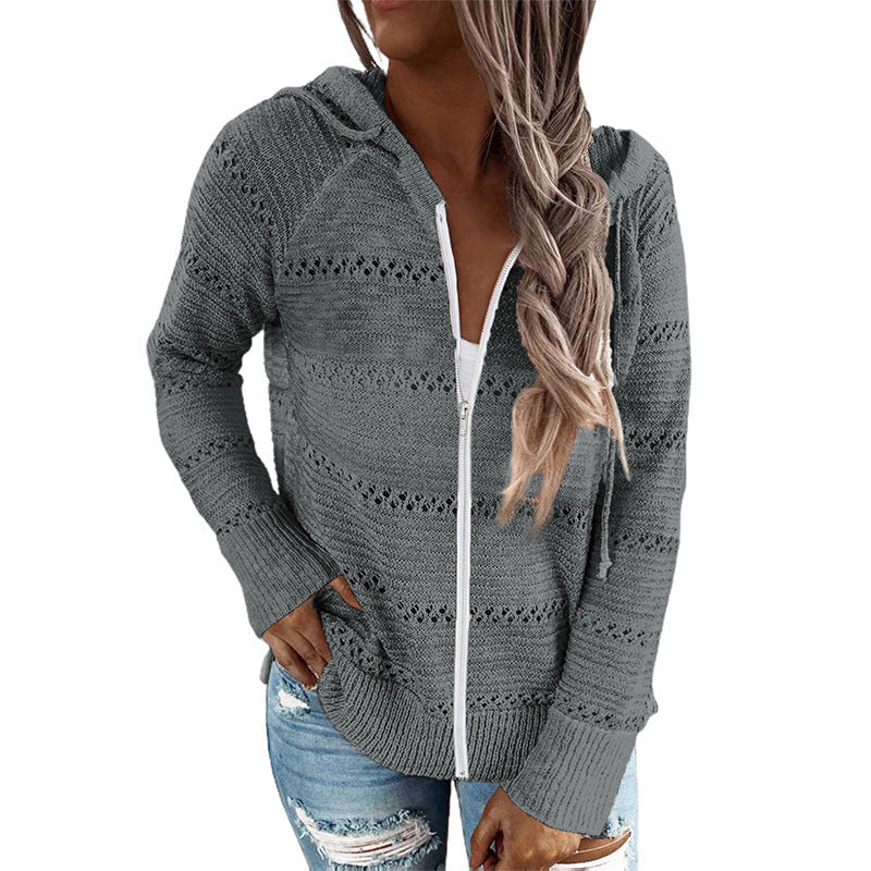 Women's Casual Knitted Cardigan with Hood and Decorative Openwork Pattern WW