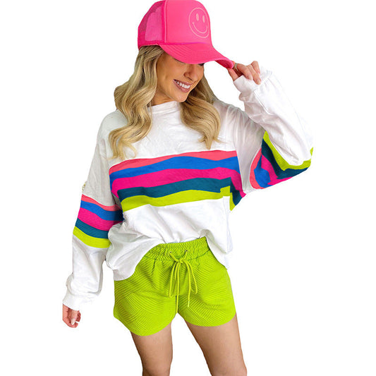 Damen lässiges Oversized-Sweatshirt mit bunten Streifen und tieferem Rundhalsausschnitt WW