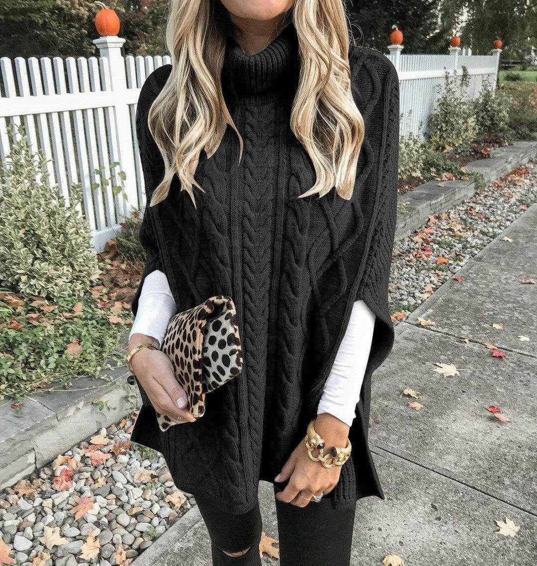 Damen Strickponcho mit hohem Kragen und dekorativem Zopfmuster WW