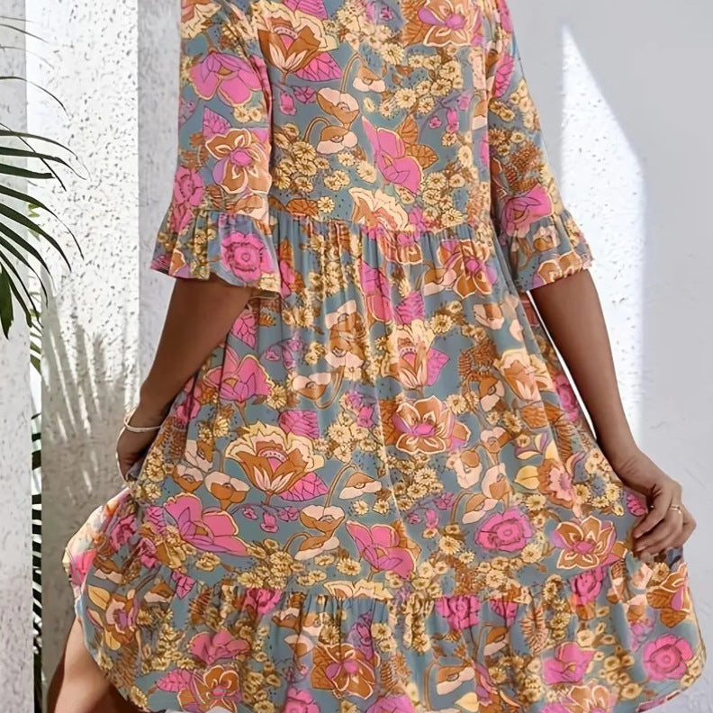Damen Freizeitkleid mit V-Ausschnitt und fließendem Schnitt WW