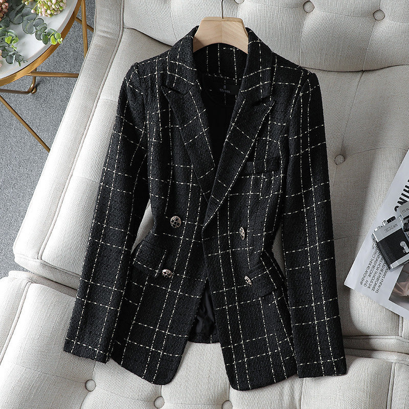 WW | Blazer Figure-Flattering Tweed Texture Double-Breasted Plaid