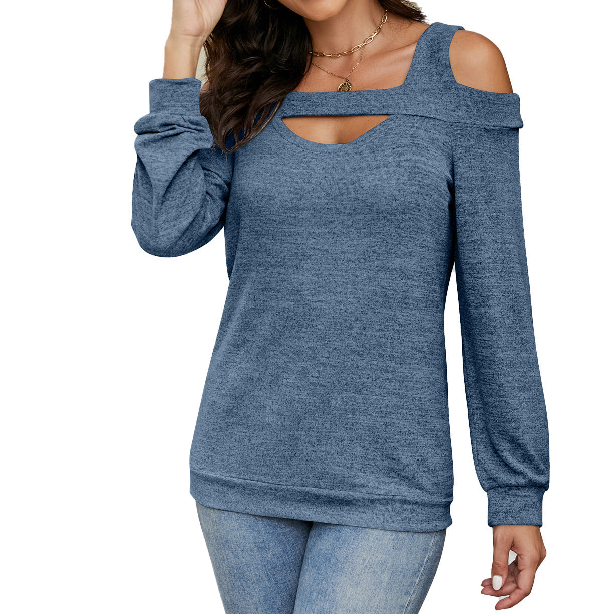 Damen lässiges Cold-Shoulder Sweatshirt mit tiefem Ausschnitt und Ballonärmeln WW