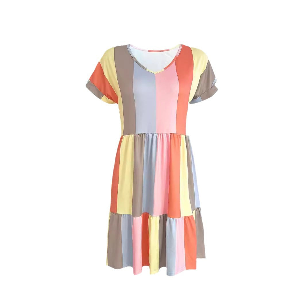 Damen Freizeitkleid mit farbenfrohem Streifenmuster und fließendem Design WW