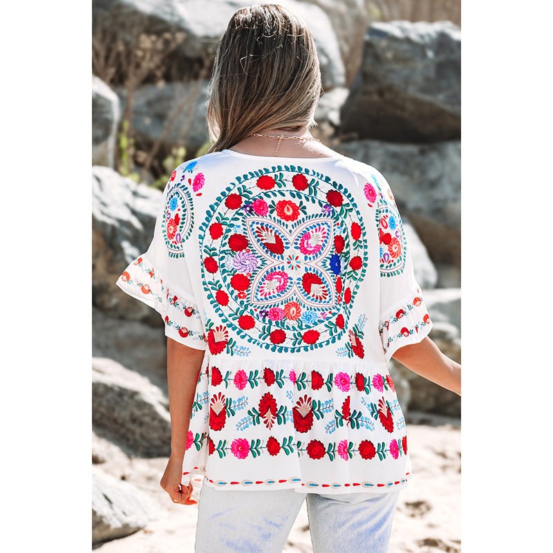 Damen besticktes Blusentop mit voluminösen Ärmeln und floralen Motiven WW