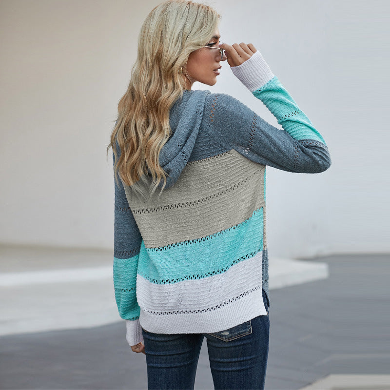 Women's Casual Knitted Cardigan with Hood and Decorative Openwork Pattern WW