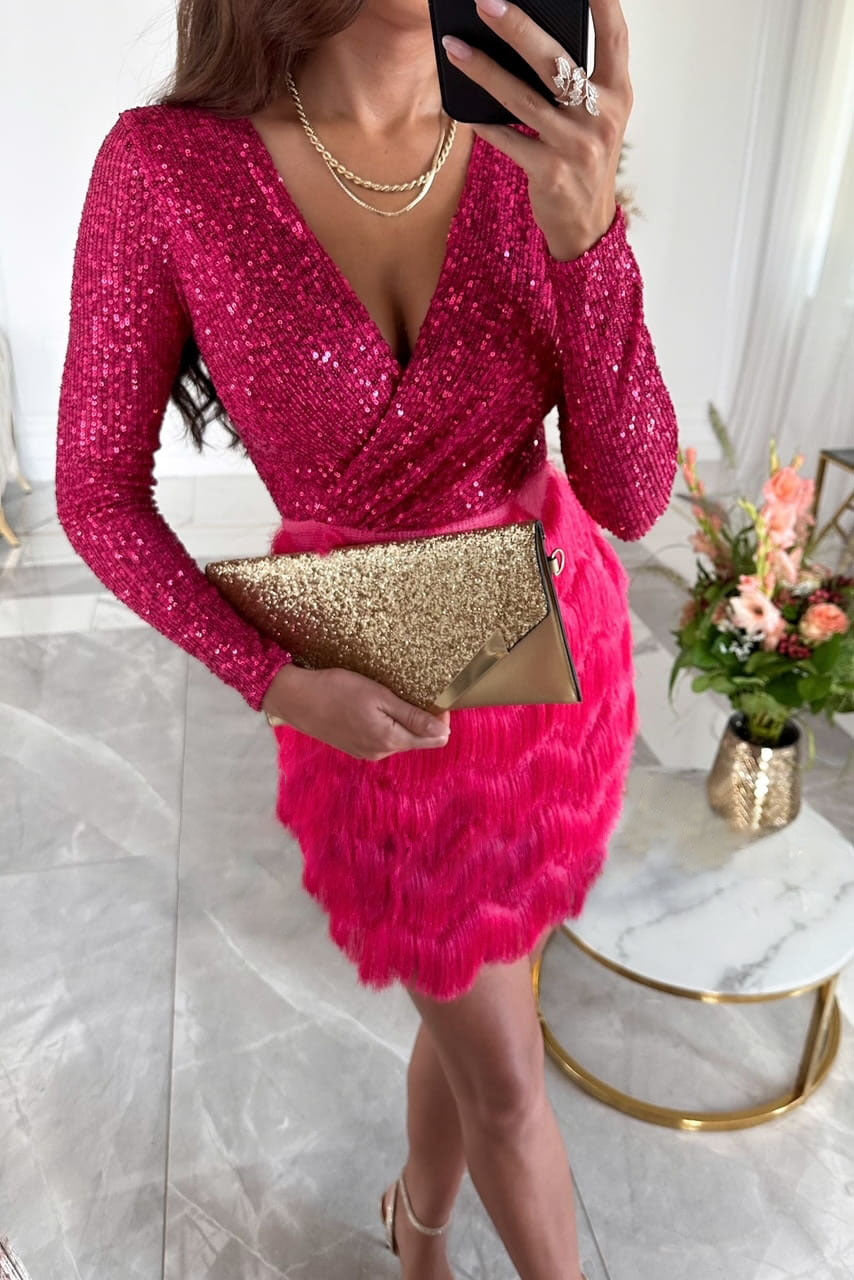 WW | Glamour Abendkleid Mit Pailletten Für Damen Mit Federn Saum