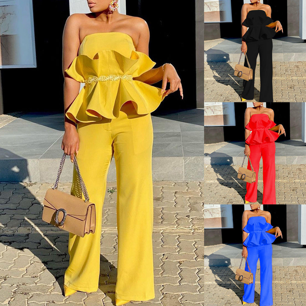 Women's jumpsuit with voluminous ruffle design and off-the-shoulder top WW