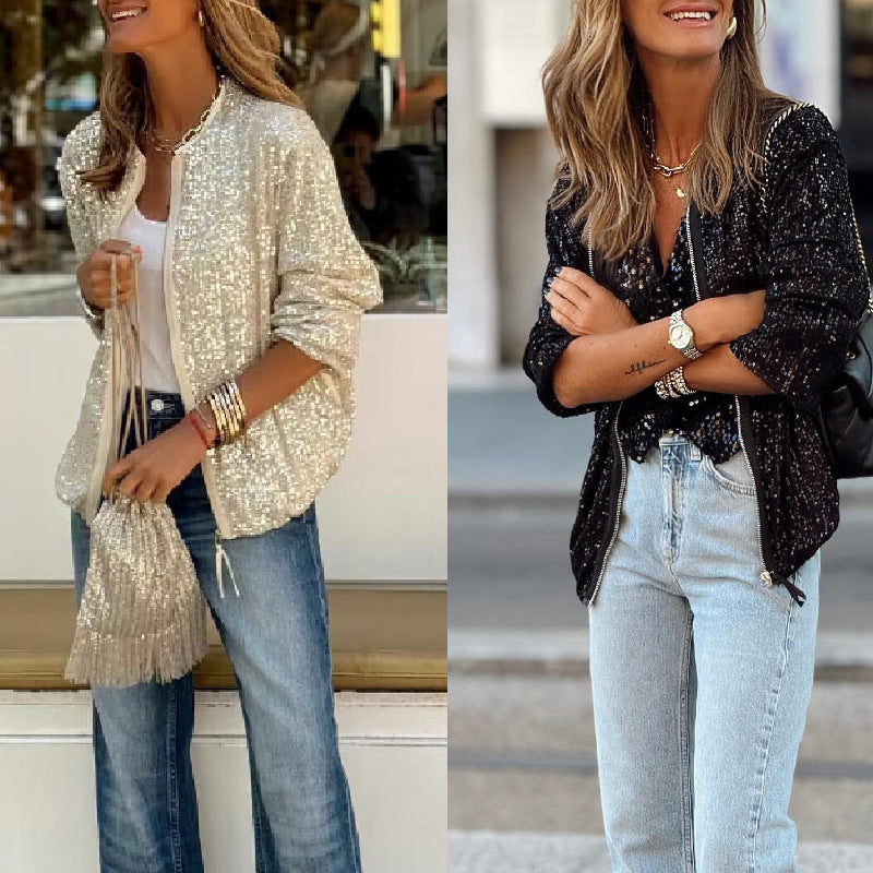 Women's Glitter Varsity Jacket with Shimmering Sequins and High Comfort WW