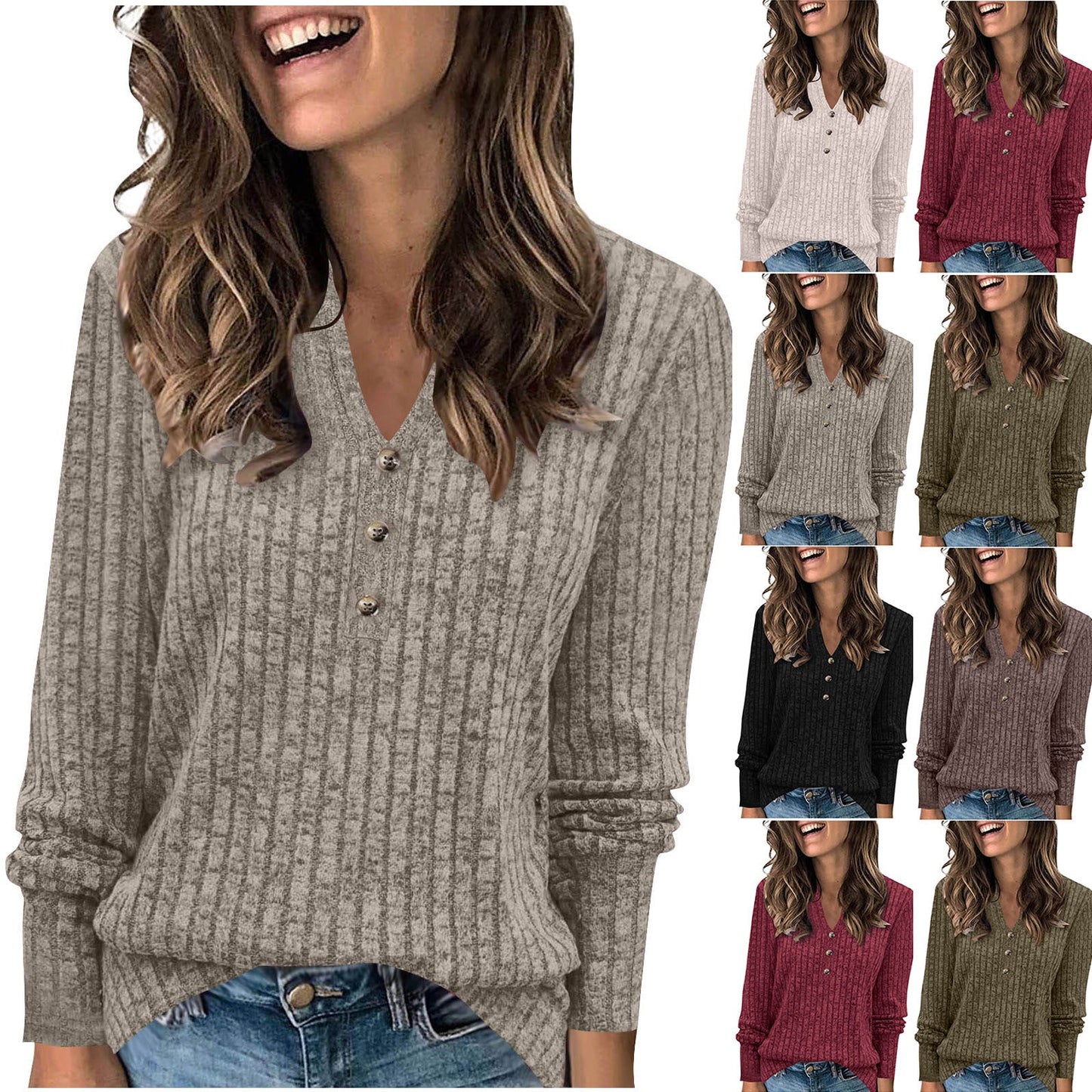 Damen Langärmliges V-Ausschnitt Pulli mit Knopfdetail WW