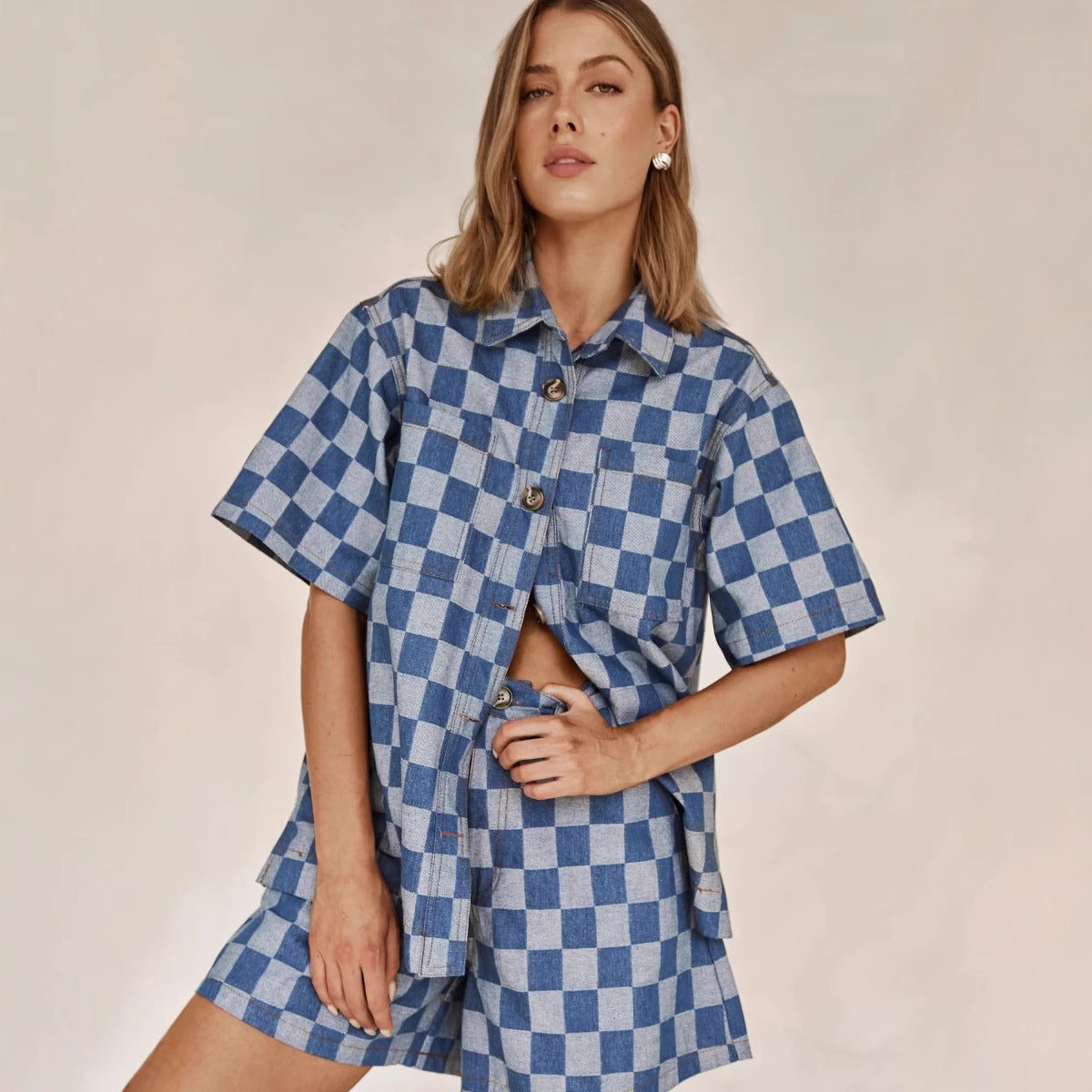 Women's Plaid Denim Shirt Set WW