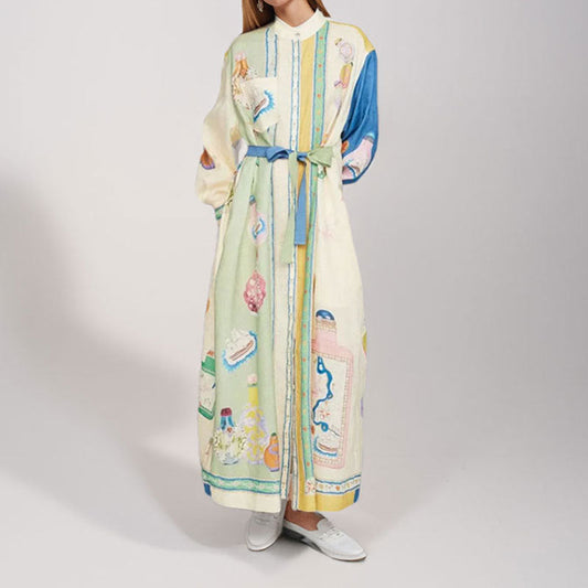 Women's Long Shirt Dress with Elaborate Print and Waist Belt WW