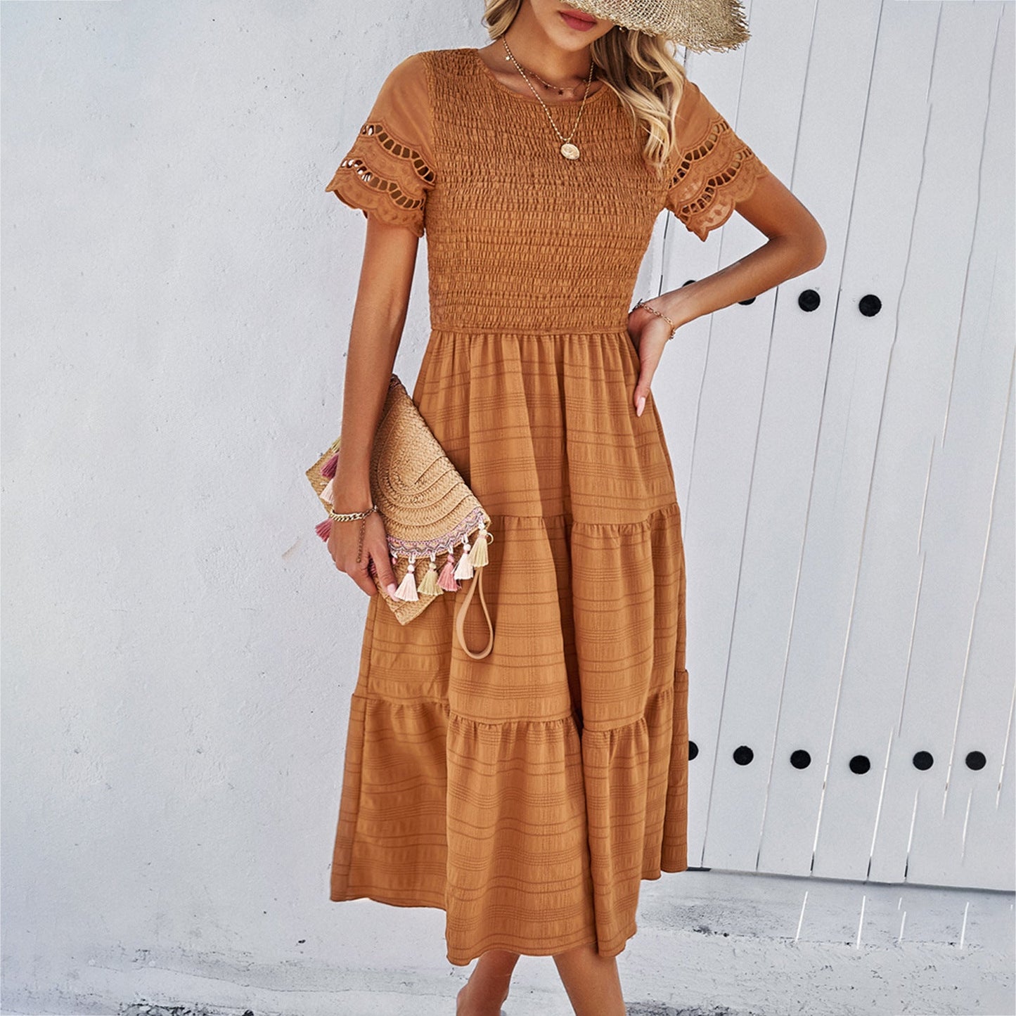 Damen Midikleid mit Puffärmeln und elastischem Oberteil WW