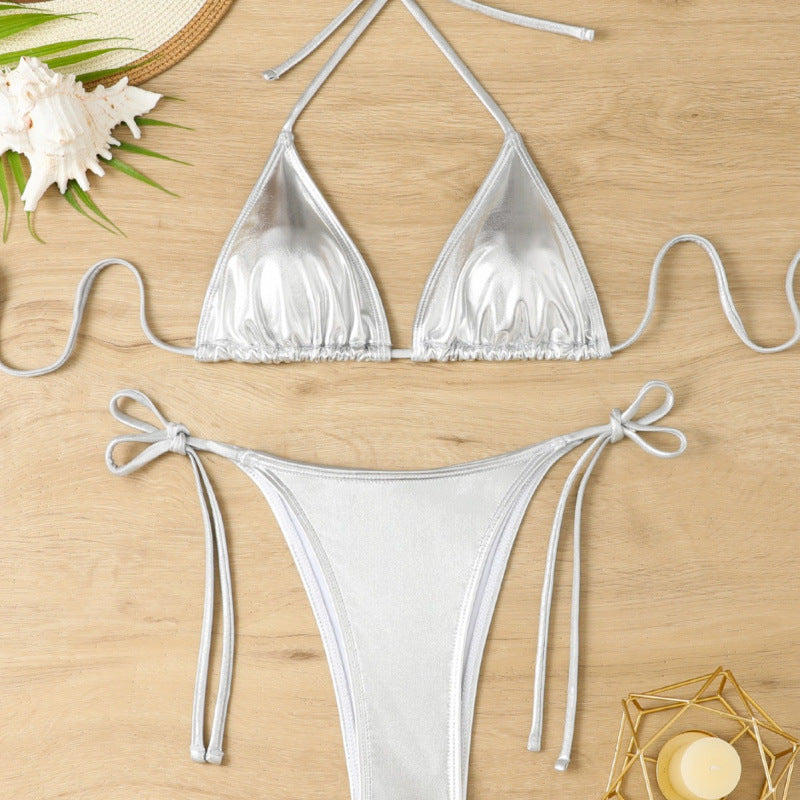 Women's triangle bikini with sparkling metallic finish and adjustable ties WW