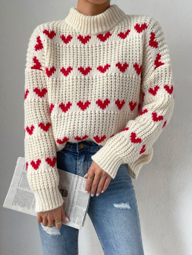 Women's Half Mock-Neck Loose Fit Love Heart Jacquard Knit Sweater