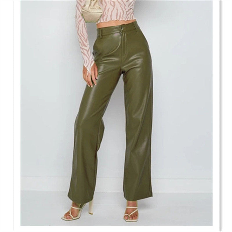 Damen Modische Kunstlederhose mit weitem Bein und eleganter Passform WW