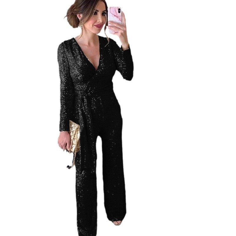 Women's Glamorous Jumpsuit with Sparkling Sequins and Elegant Deep V-Neck WW