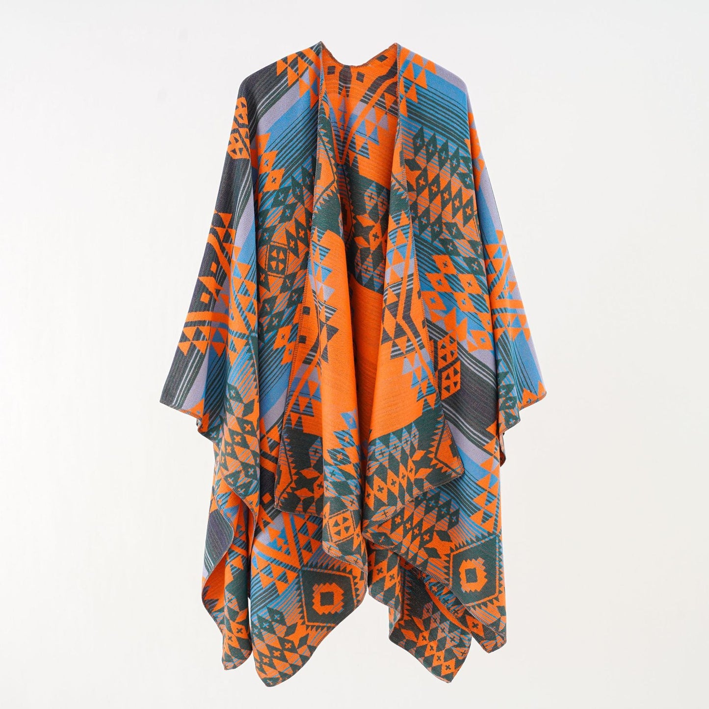 Women's Geometric Overlay Poncho with Warm Material and Trendy Pattern WW