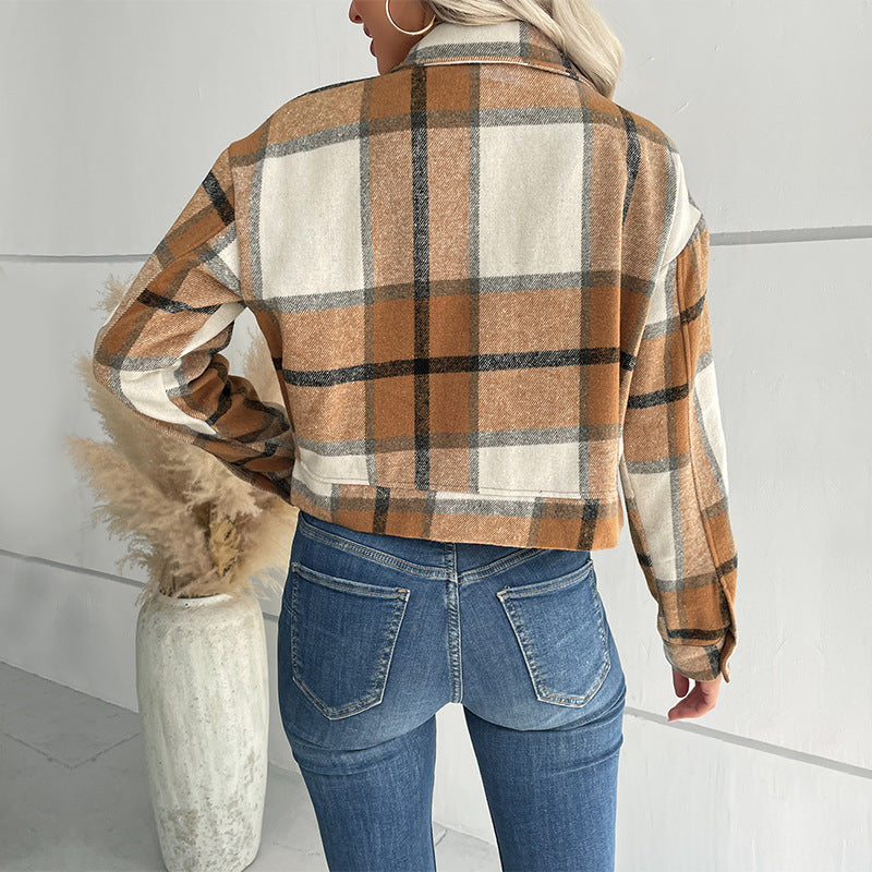Damen cropped Karo-Jacke mit praktischen Taschen und modischen Details WW