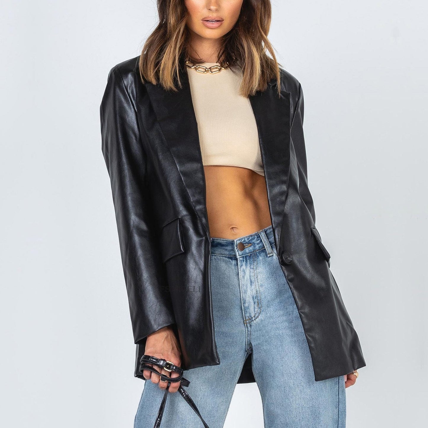 WW | Oversized PU Leder Blazer - Schick & Kanten - Knopfverschluss - Herbst & Frühling Oberbekleidung