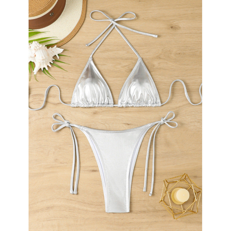 Women's triangle bikini with sparkling metallic finish and adjustable ties WW