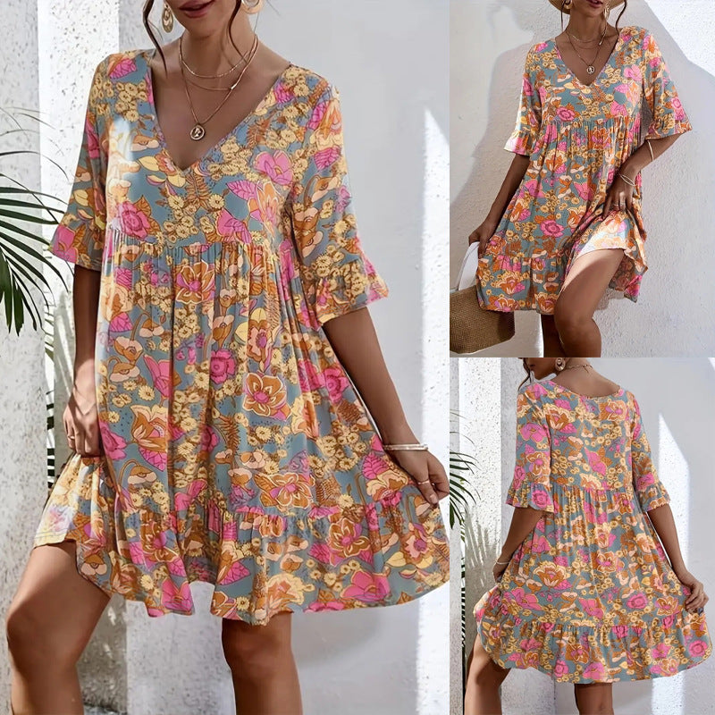 Damen Freizeitkleid mit V-Ausschnitt und fließendem Schnitt WW