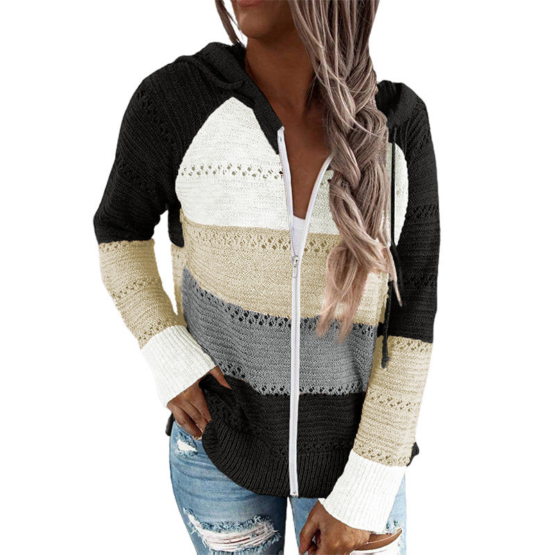 Women's Casual Knitted Cardigan with Hood and Decorative Openwork Pattern WW