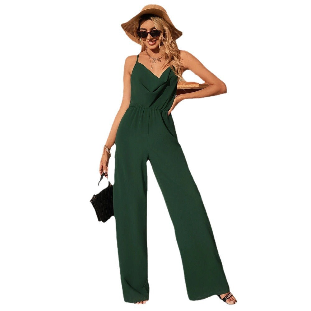 WW | Jumpsuit High Waist Spaghetti Straps Draped Neck Wide Leg