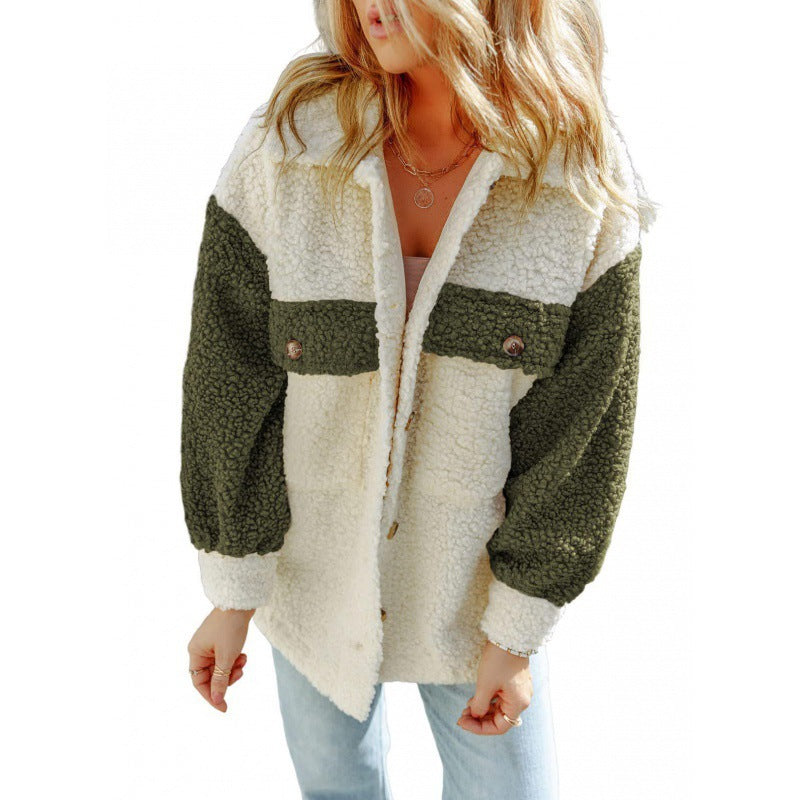 WW | Damen Teddy Jacke mit Kontrastärmel
