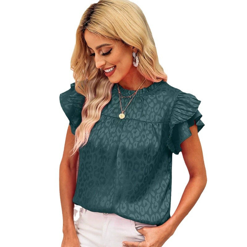 Women's Blouse with Fashionable Ruffle Details and Elegant Leopard Print WW