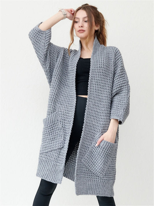 WW | Strickjacke Übergroß Passform Offene Front Gerippte Kanten Paspeltaschen