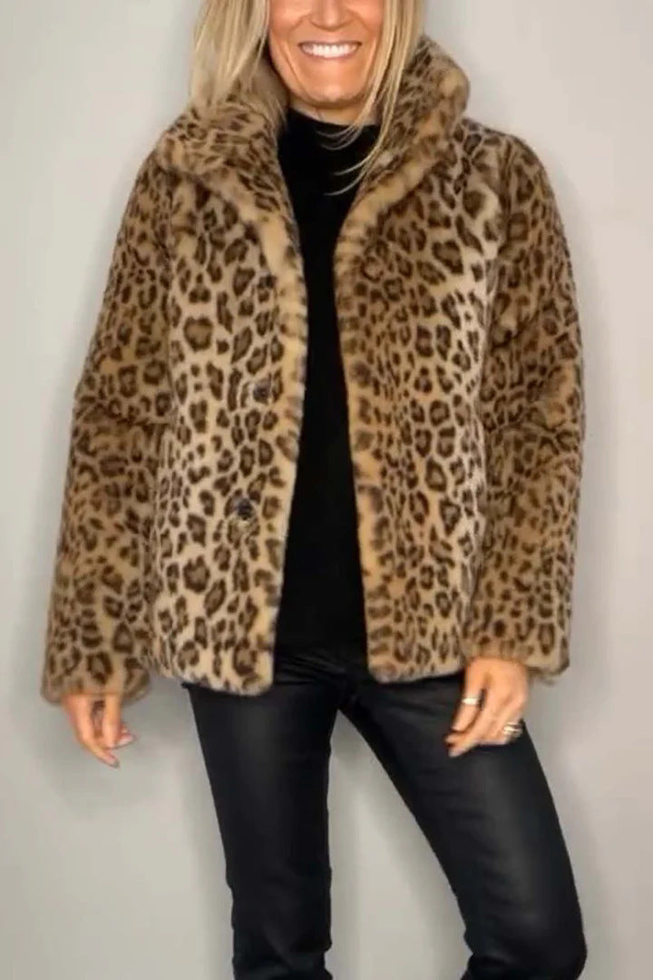 Damen Flauschige Leopardmuster Jacke mit hohem Kragen WW