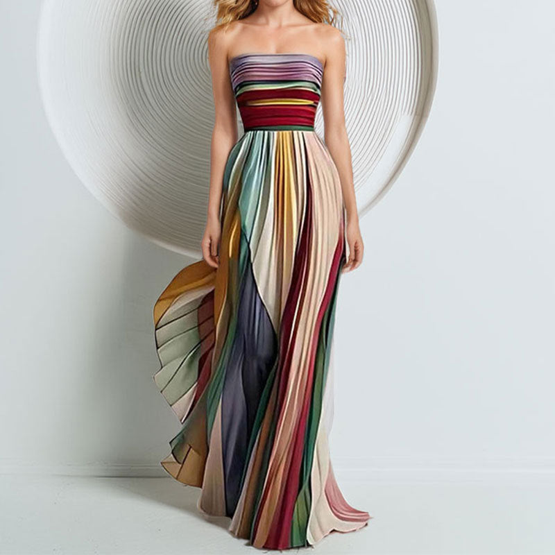 Damen Elegantes Maxikleid mit gerafftem Oberteil und farbenfrohem Streifenmuster WW
