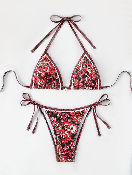 Women's Triangle Bikini Set with Playful Floral Print and Adjustable Tie Straps WW