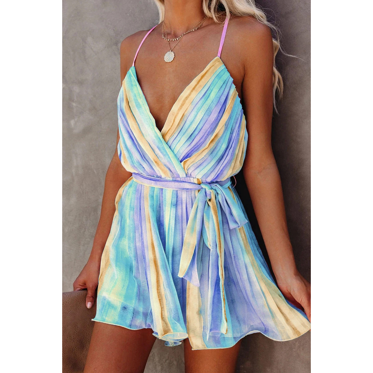 WW | Frühling Sommer Träger Plissiertes Chiffon Kleid Zuhause Schnürung Sexy V-Ausschnitt Chiffon Kleid