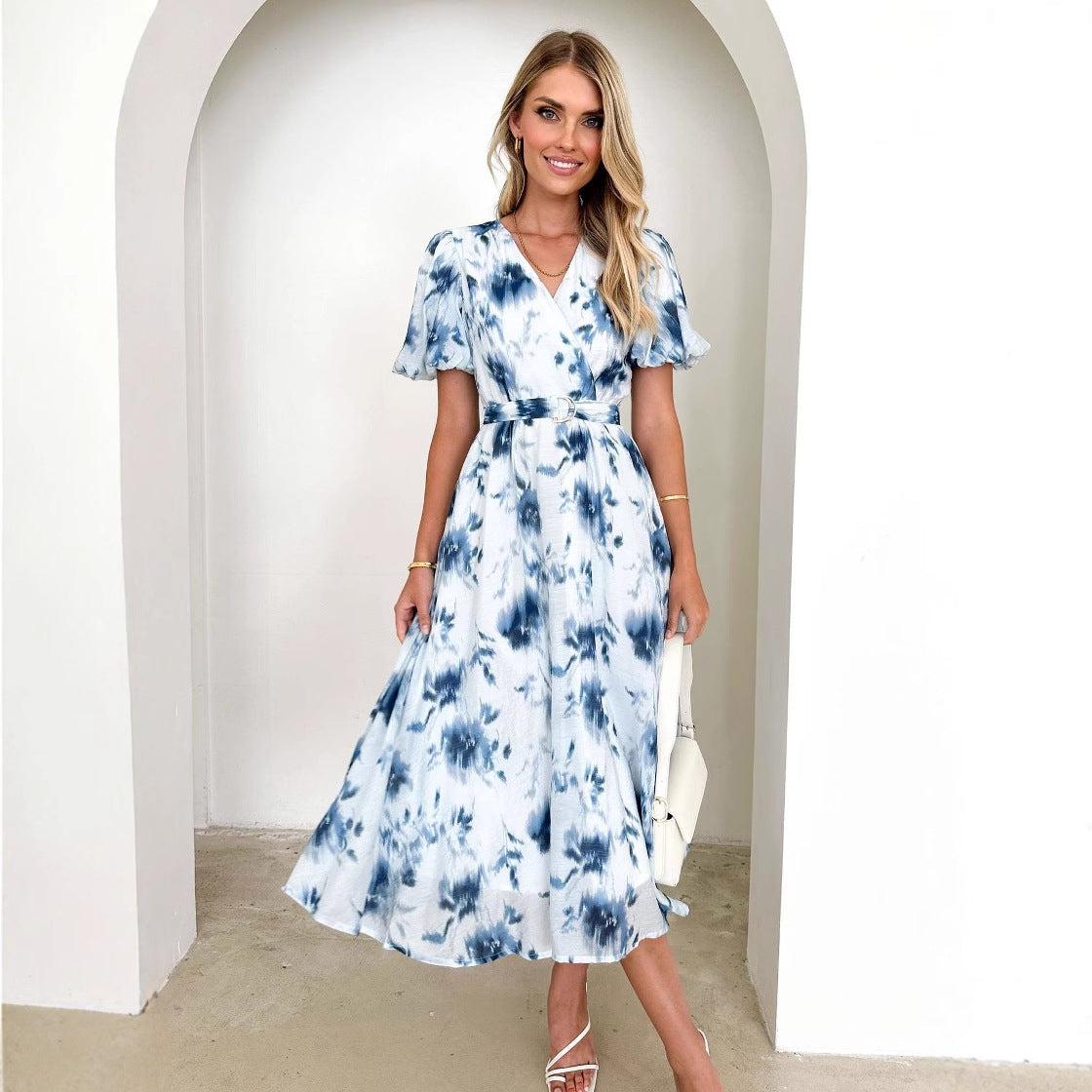 Women's midi dress with a fitted silhouette, voluminous sleeves, and an elegant wave pattern WW