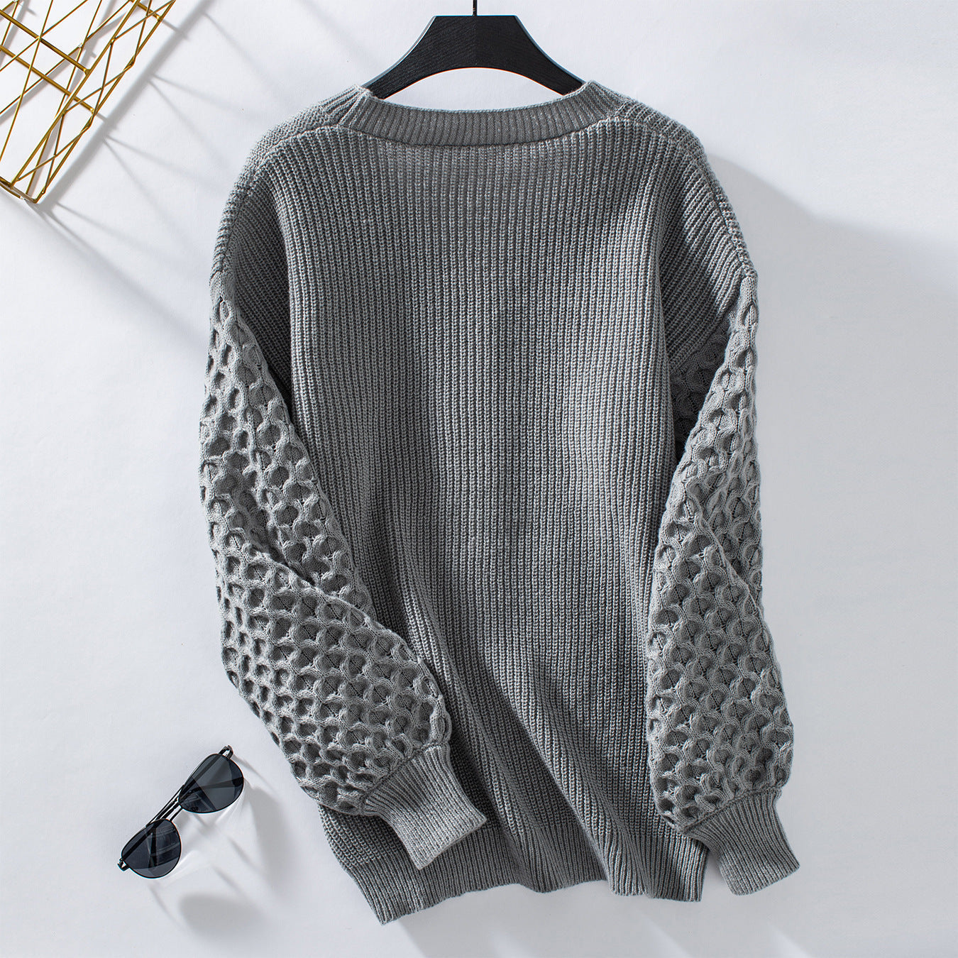 WW | Strickjacke V-Ausschnitt Ballonärmel Weich Und Lockerer Schnitt Knöpfe