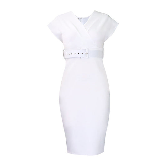 WW | Damen V-Ausschnitt Figurbetontes Midi Kleid mit Gürtel