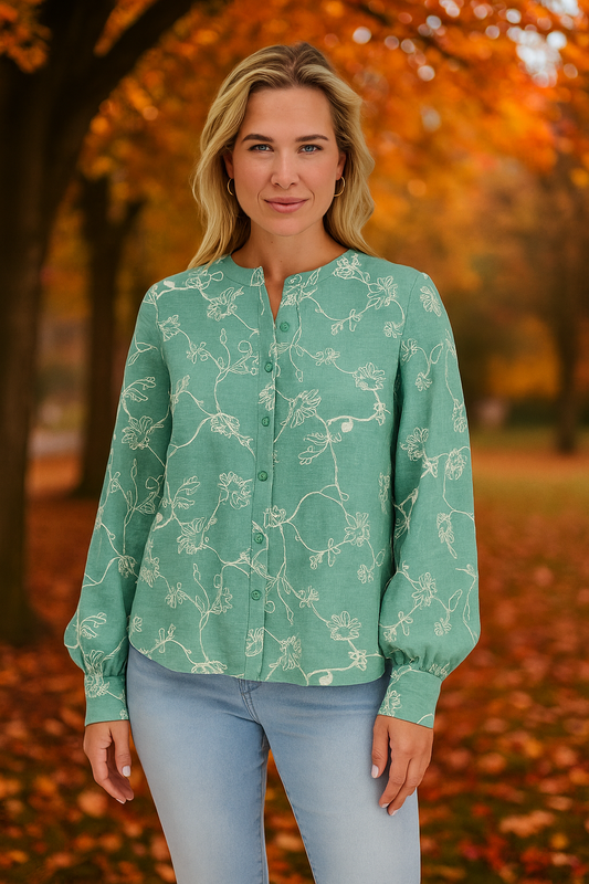 WW | Grün Blumenstickerei Bluse Damen - Entspannte Passform