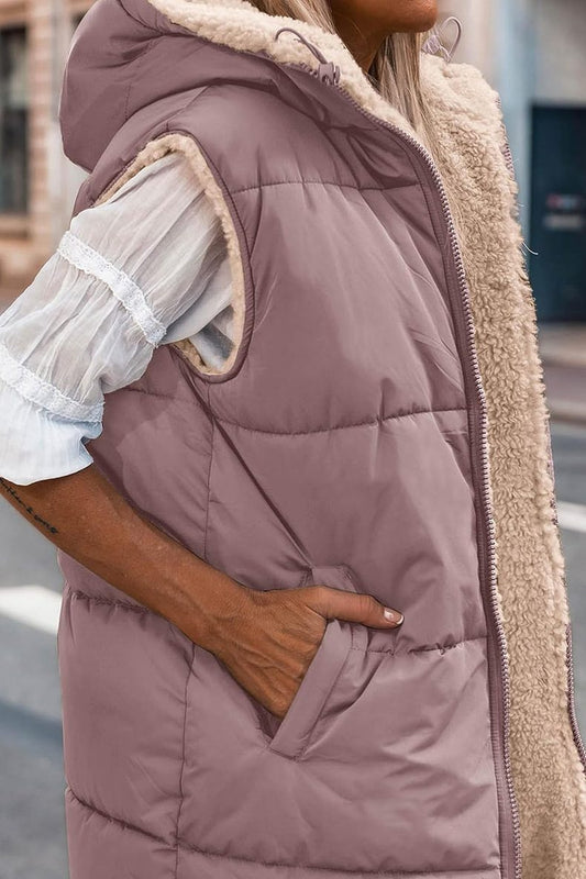 WW | Damen Wendbare Gefütterte Weste mit Kapuze und Ärmellos Design