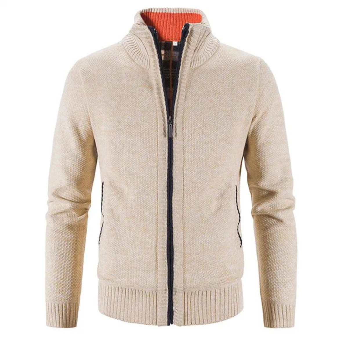 WW | Cardigan Soft knit fabric Textured fit Zipper Stand-up collar Ribbed trims