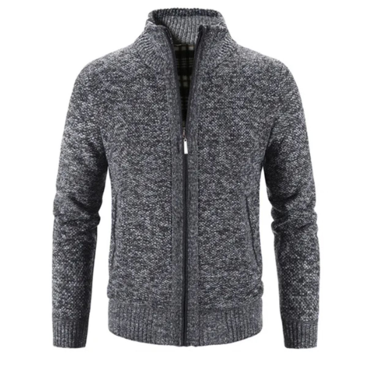 WW | Cardigan Soft knit fabric Textured fit Zipper Stand-up collar Ribbed trims