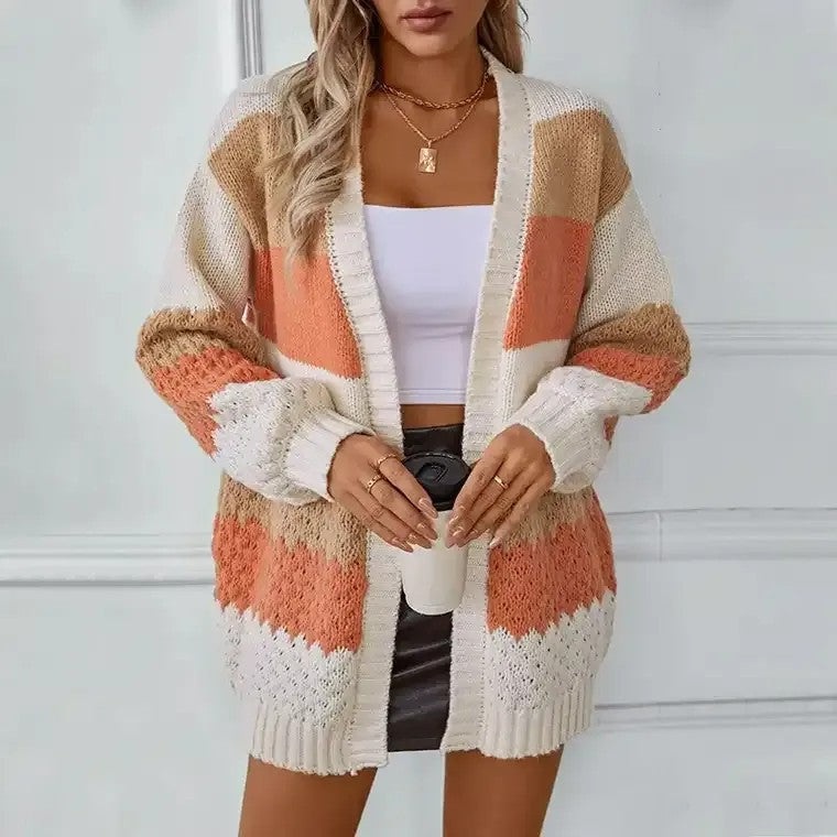 WW | Damen Strickcardigan mit Farbblöcken und offener Vorderseite
