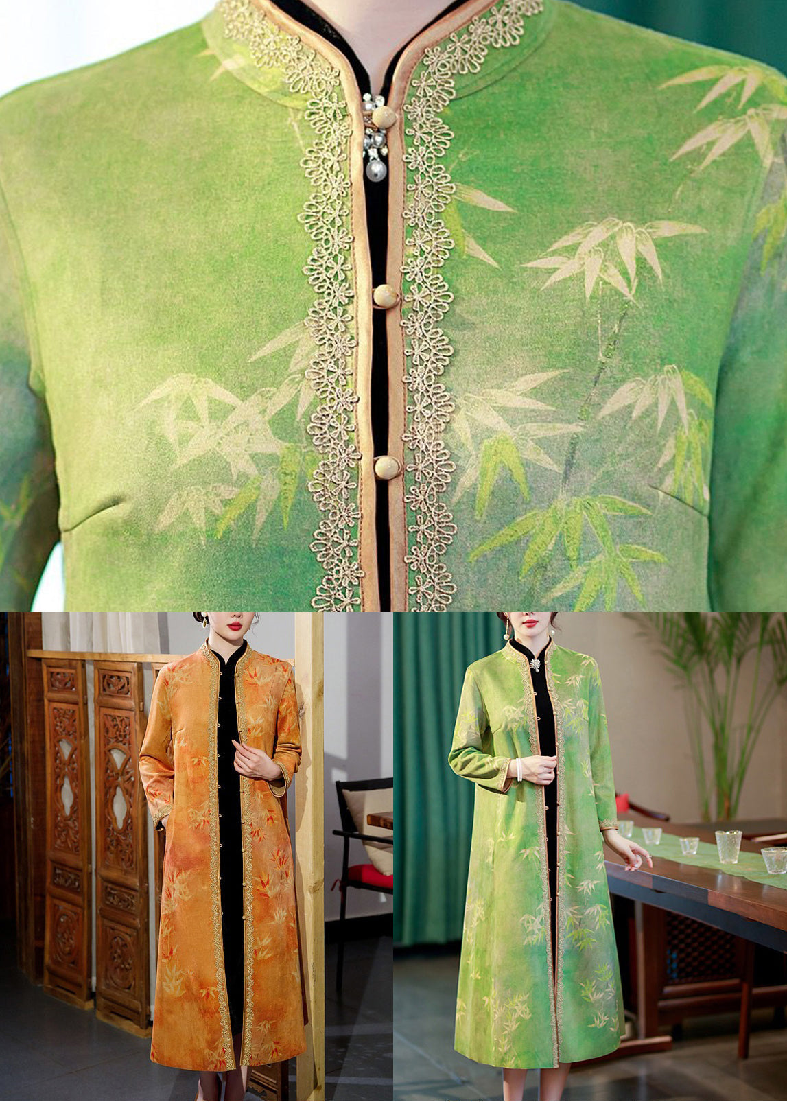 WW | Button Lapel Pockets Patchwork Long Coats Stand Collar Long Sleeves