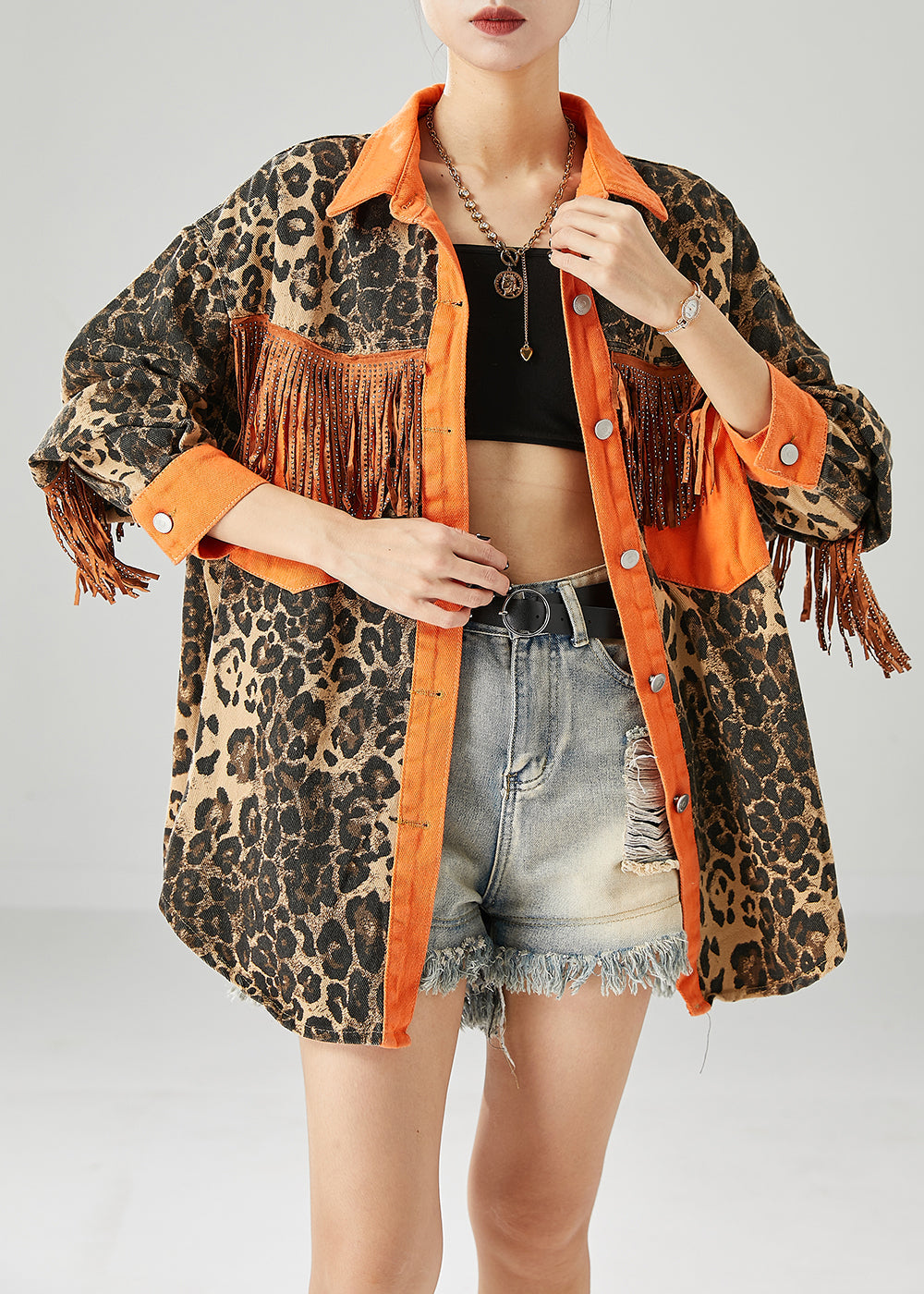 WW | Patchwork Cotton Coats with Tassels Leopard Print