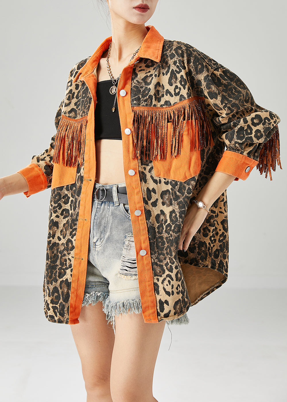 WW | Patchwork Cotton Coats with Tassels Leopard Print