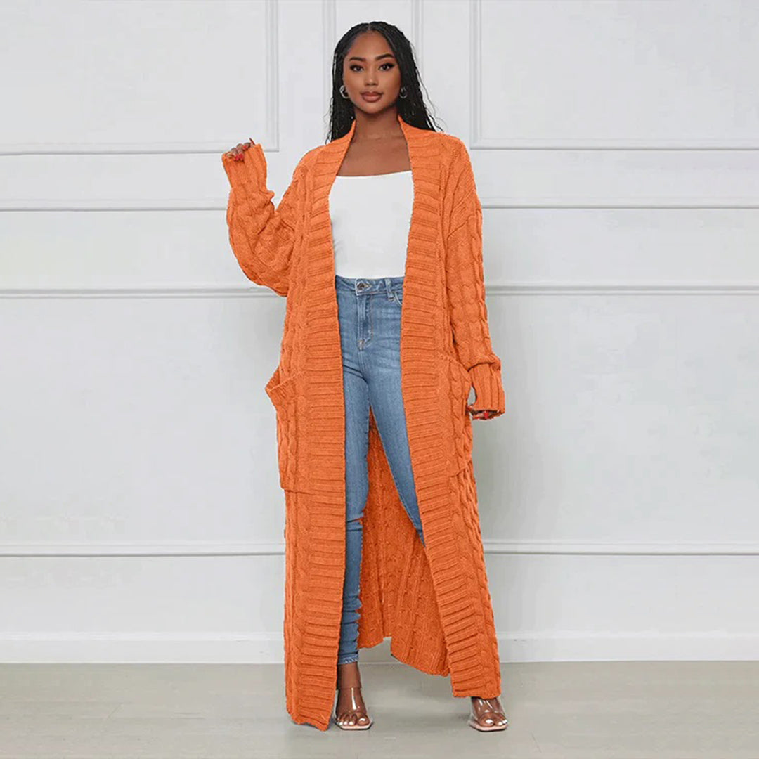 WW | Damen Strickcardigan mit Zopfmuster – Offener Oversize Mantel für Herbst & Winter